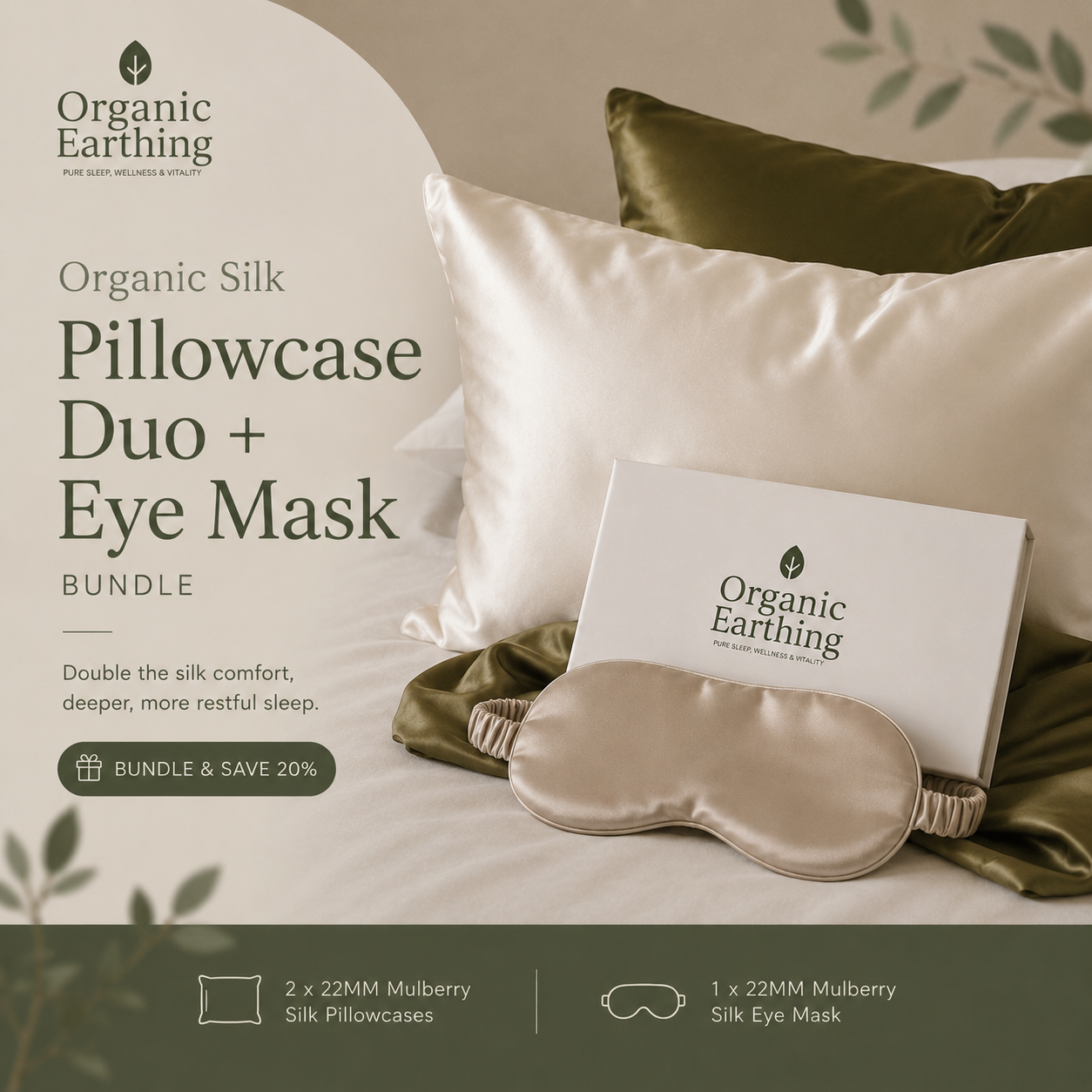 Organic Silk Pillowcase Duo + Eye Mask Bundle | 2 Silk Pillowcases & Silk Eye Mask grounding product for sleep, stress relief and recovery | Organic Earthing