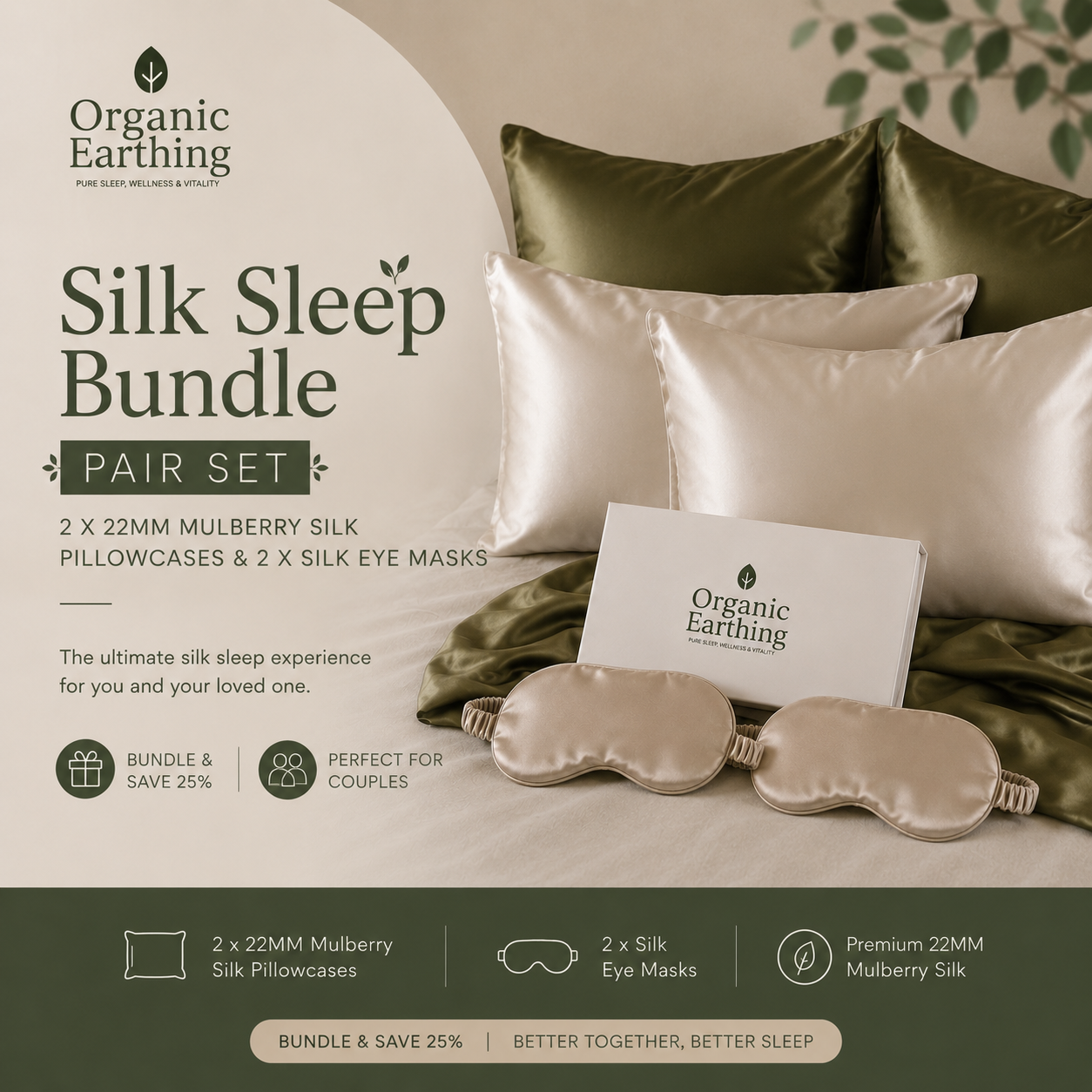 Organic Silk Sleep Bundle - Pair Set | 2 Silk Pillowcases & 2 Silk Eye Masks | Couples Sleep Set grounding product for sleep, stress relief and recovery | Organic Earthing