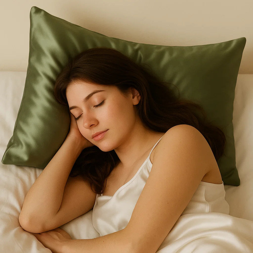 Mulberry Silk Pillowcase (Olive Green) - Smoother Hair & Skin Overnight grounding product for sleep, stress relief and recovery | Organic Earthing