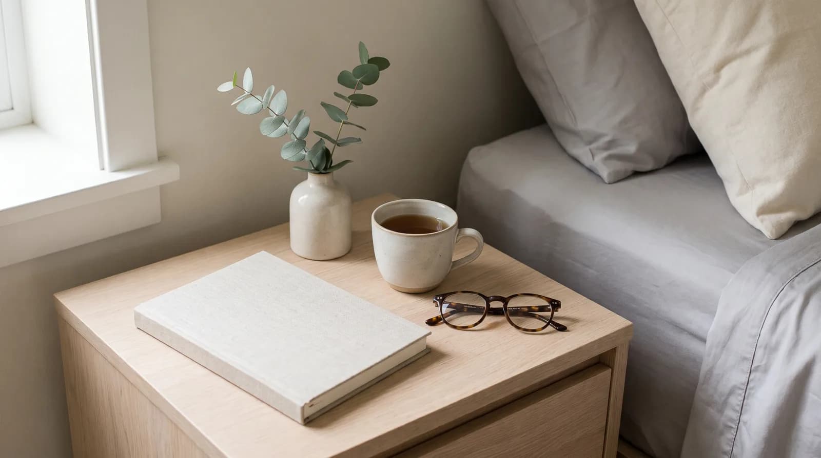 A bedside at night with the grounding sheet cord running to the wall