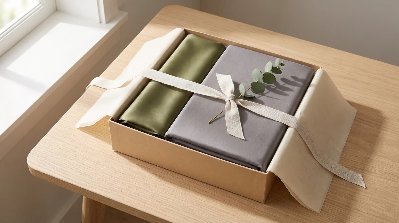 A folded grey sheet and olive silk pillowcase in a kraft gift box