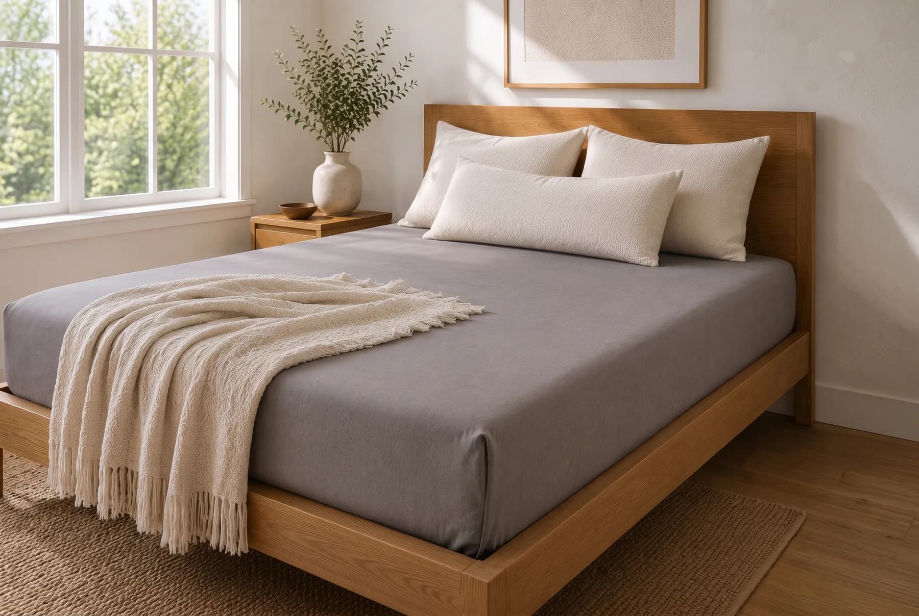 A made bed with a grey grounding sheet