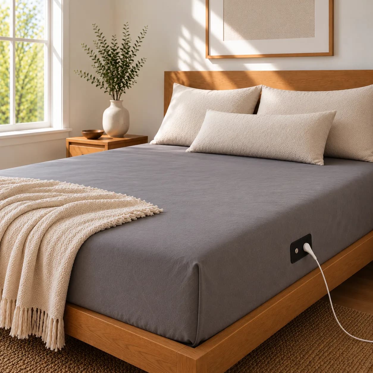 A grey grounding sheet on a timber bed, its cord clipped to the side of the sheet
