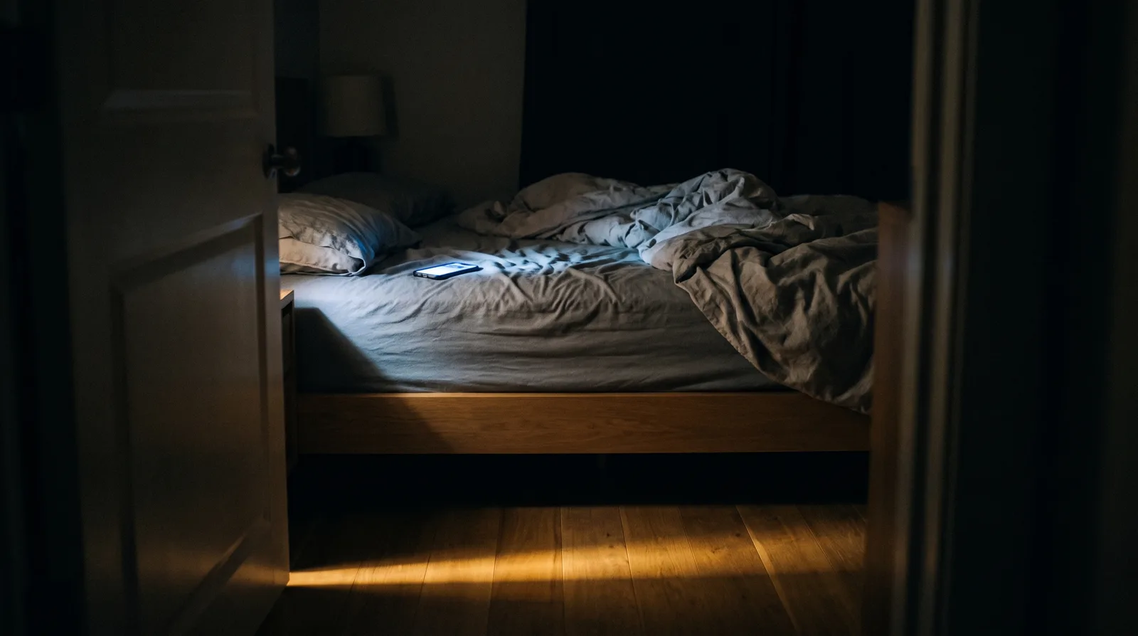 A phone lit up on a grey sheet in a dark bedroom, seen through a half-open door