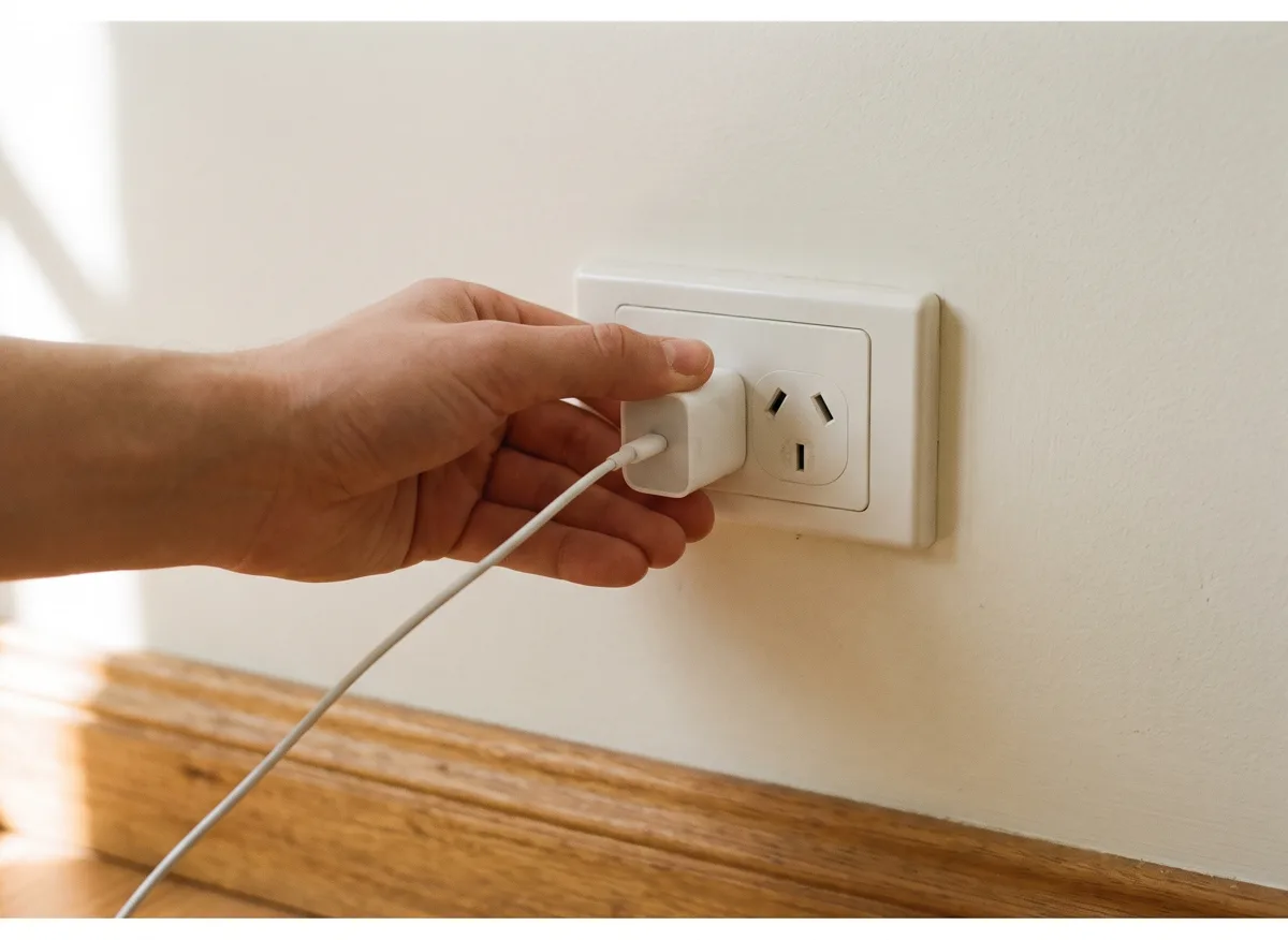 A hand pushing the safety grounding plug into a wall socket