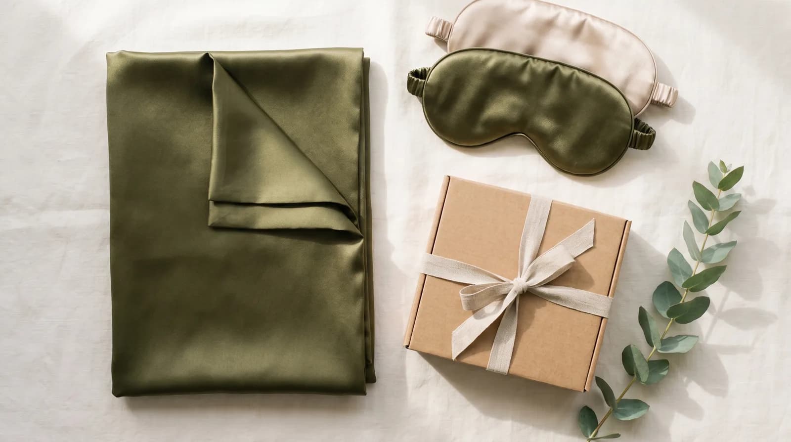Olive silk pillowcase, two silk eye masks and a kraft gift box on linen