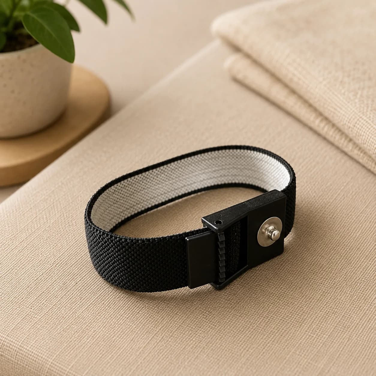 A black grounding wristband on a linen cushion