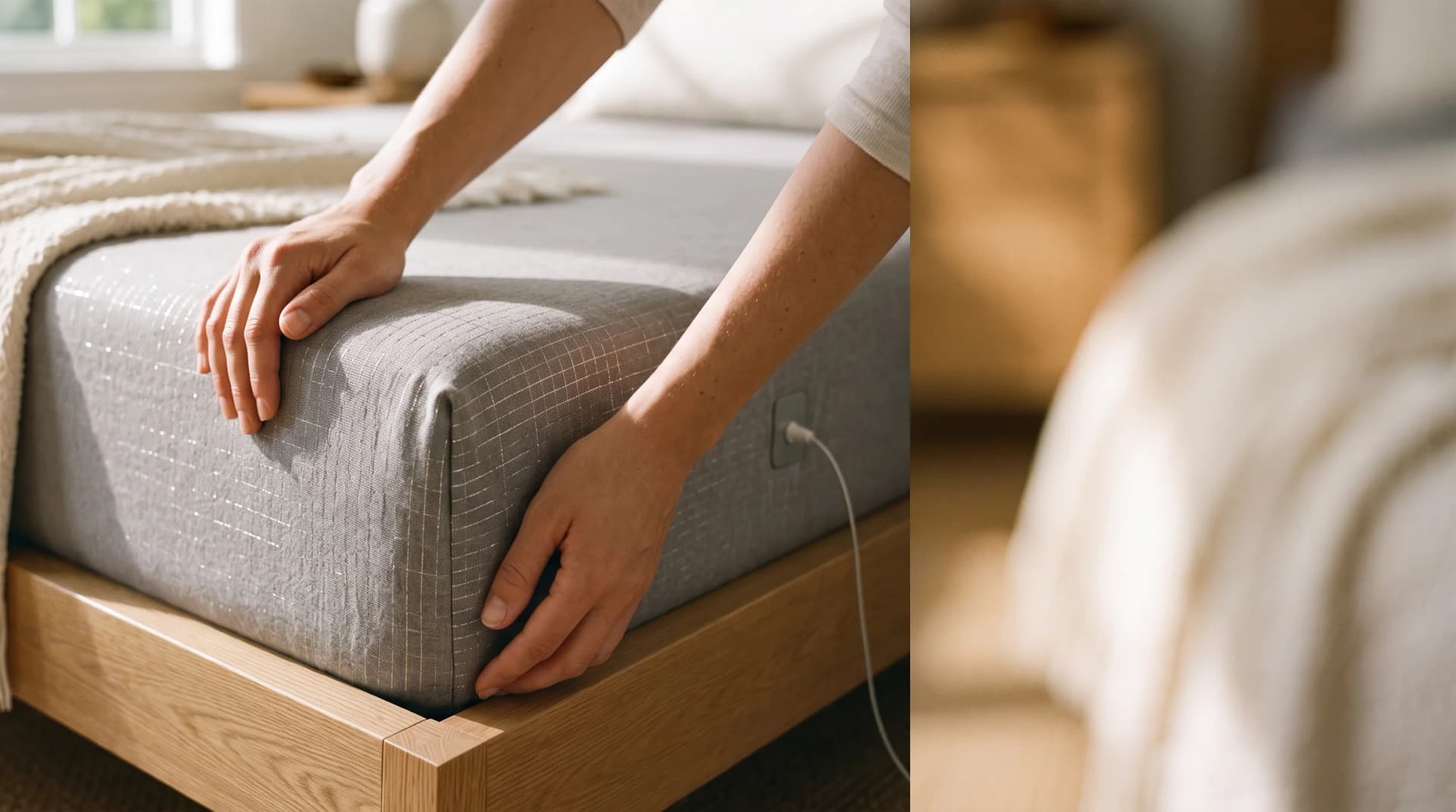 Hands smoothing a grey bamboo grounding sheet over a mattress, silver thread visible in the weave