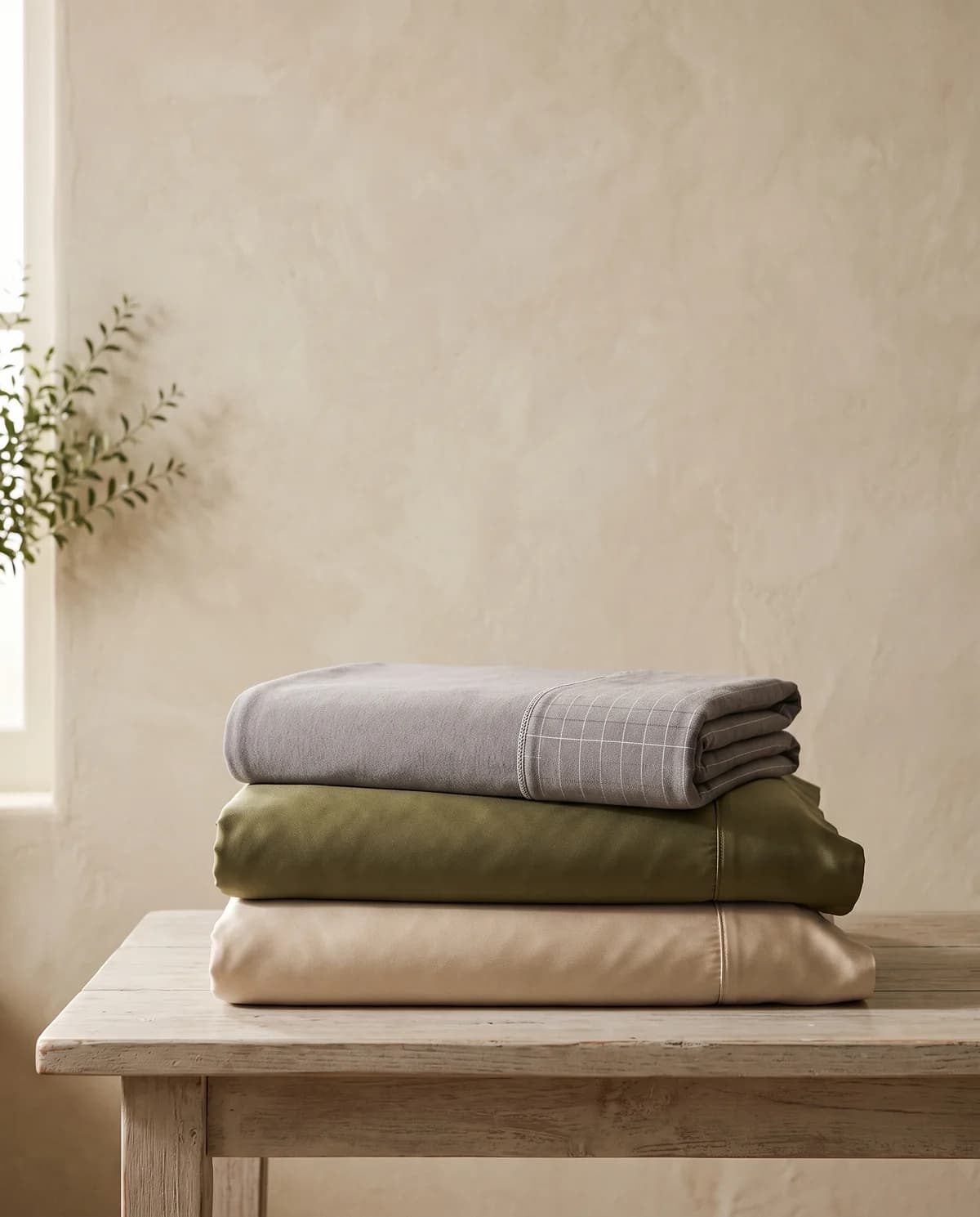 A folded grey grounding sheet with its silver grid showing at the hem, stacked on olive and natural silk