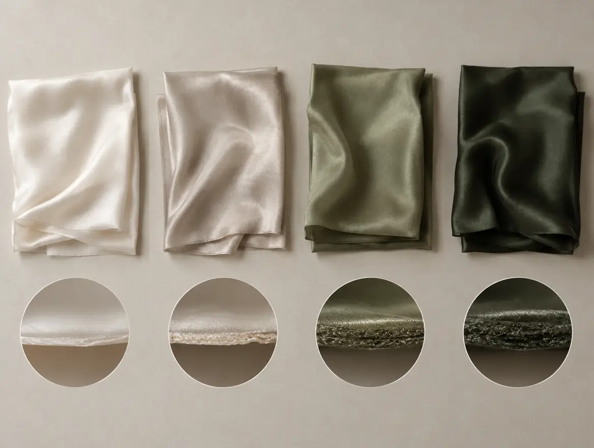 Diagram comparing 16, 19, 22 and 25 momme silk swatches with cross-sections showing increasing density