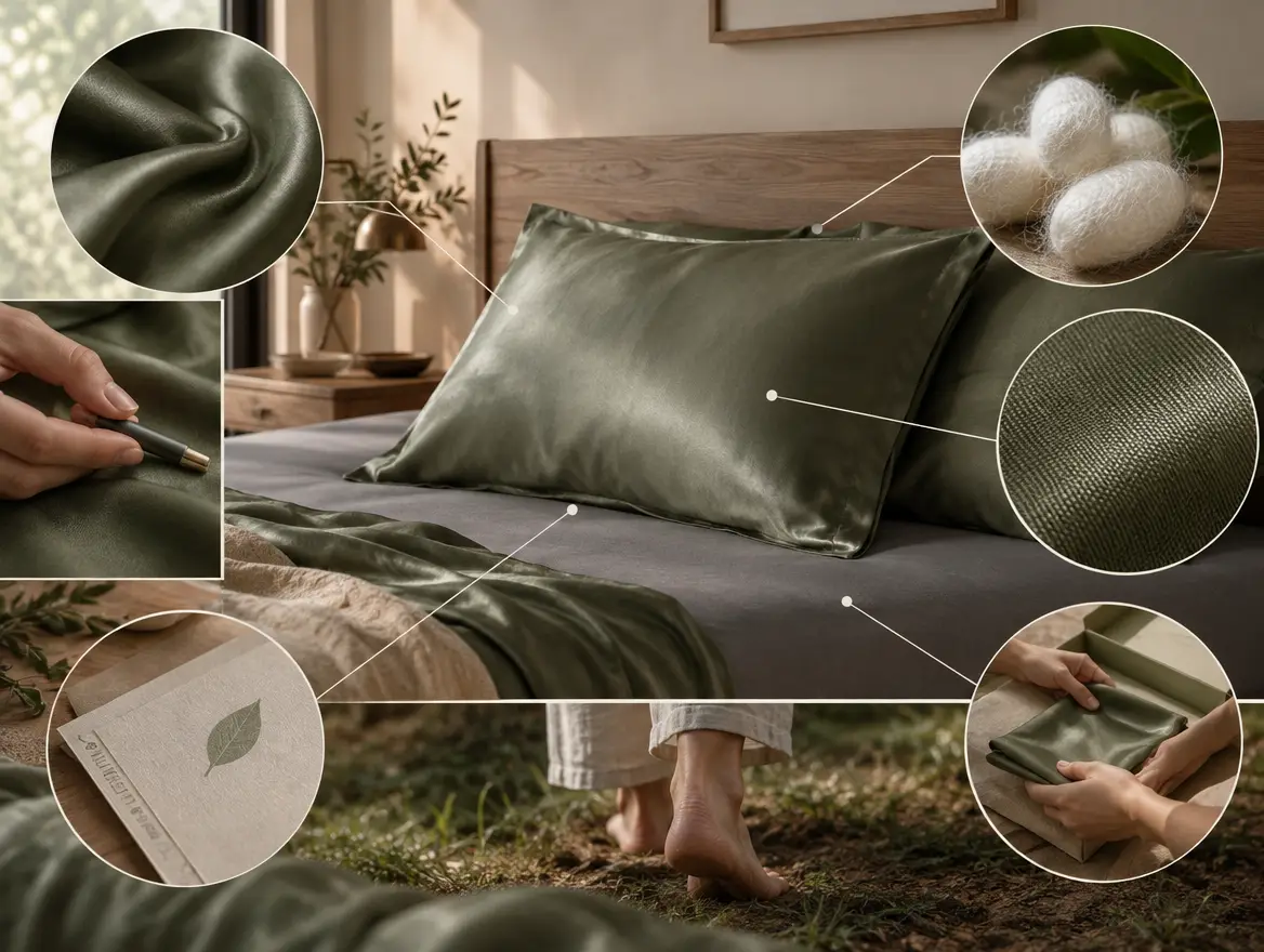 Silk pillowcase listing with callouts for momme, fibre, weave, certificate number and returns terms