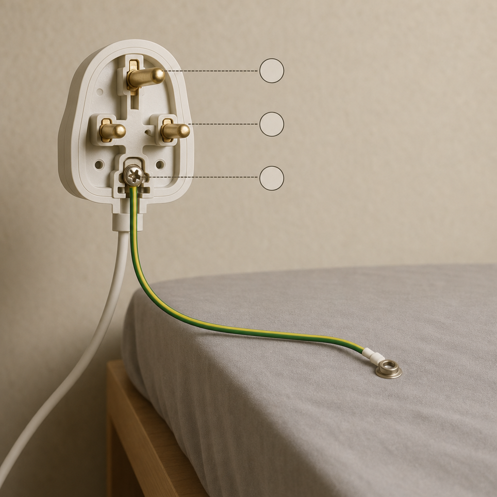 Diagram of a three-pin plug with blank power pins and a connected earth pin