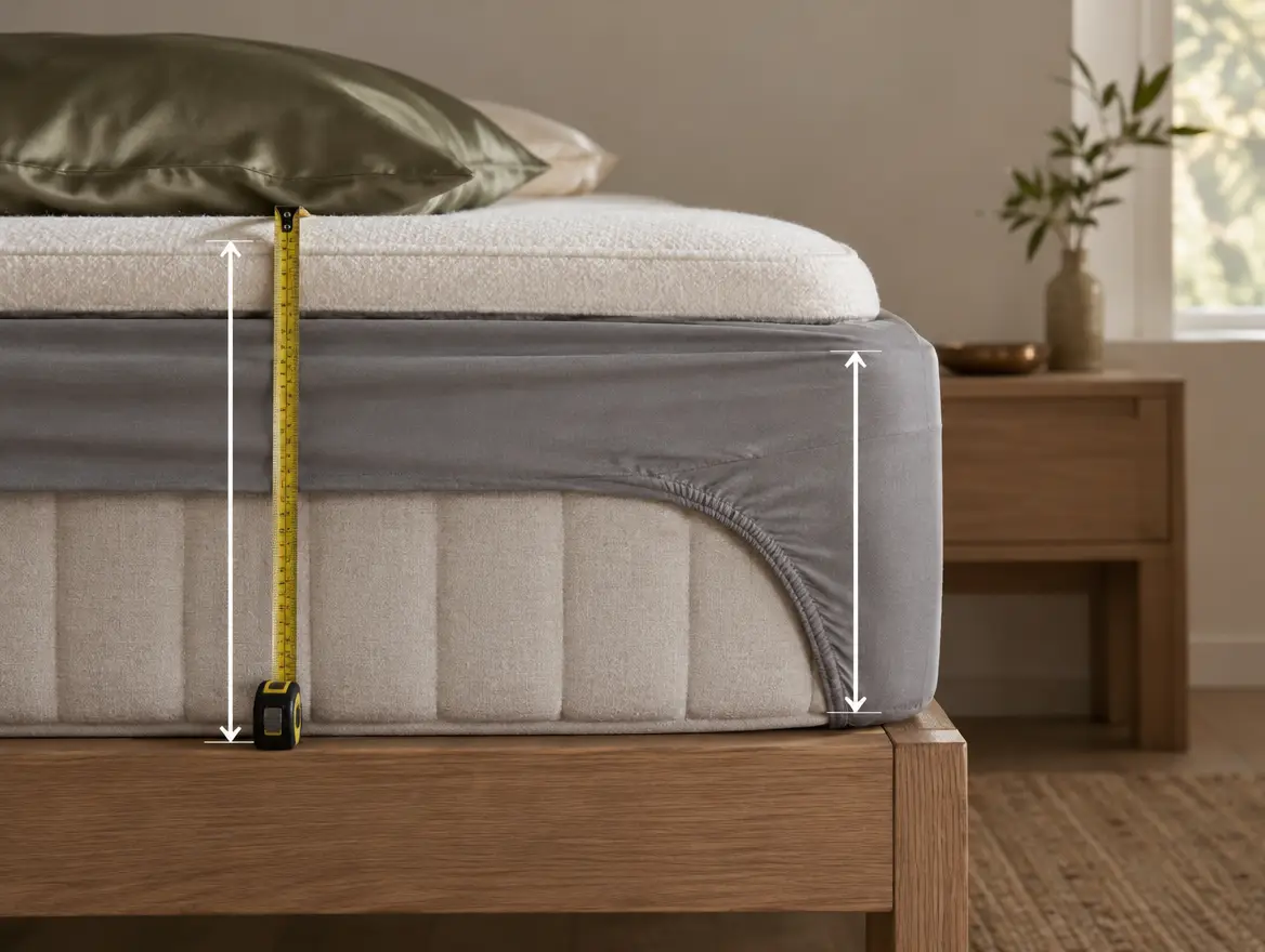 Diagram of a mattress and topper with a tape measuring depth against a 33 cm fitted sheet pocket