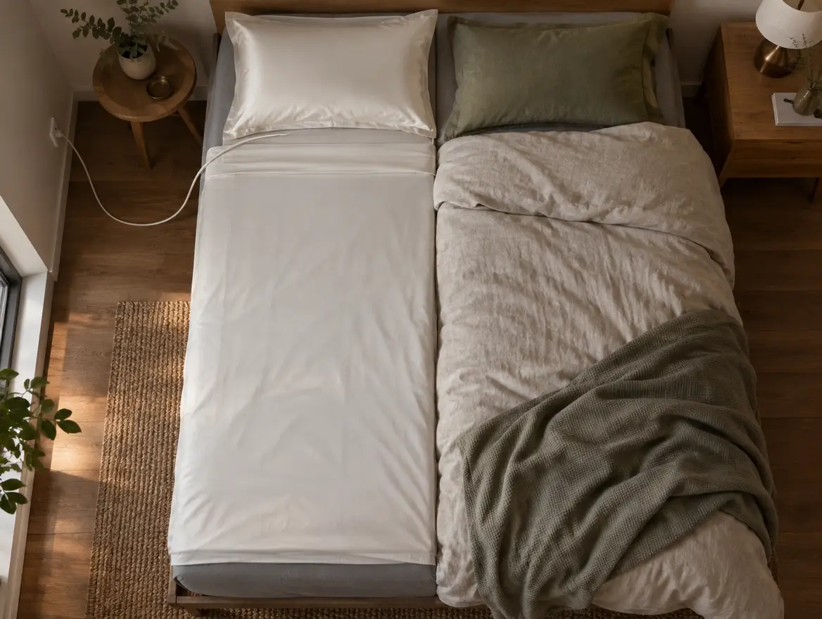Top view of a bed with a half flat sheet covering one side and a cord running to a wall socket