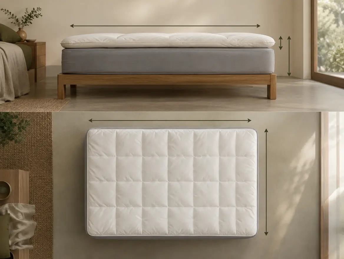 Diagram of a mattress and topper showing width, length and depth measurement lines