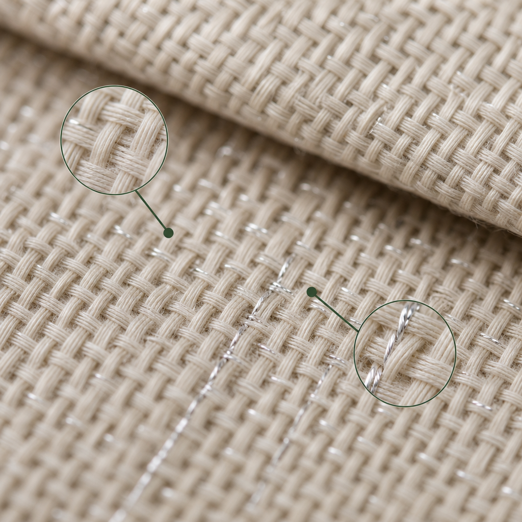 Close-up of bamboo fabric woven with fine silver threads, labelled bamboo and silver