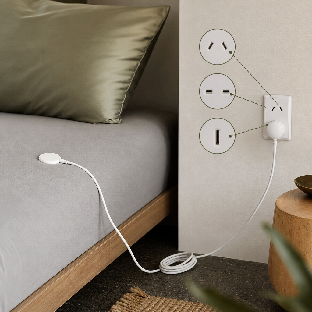 Diagram of a grounding sheet cord plugged into the earth pin of an Australian wall socket