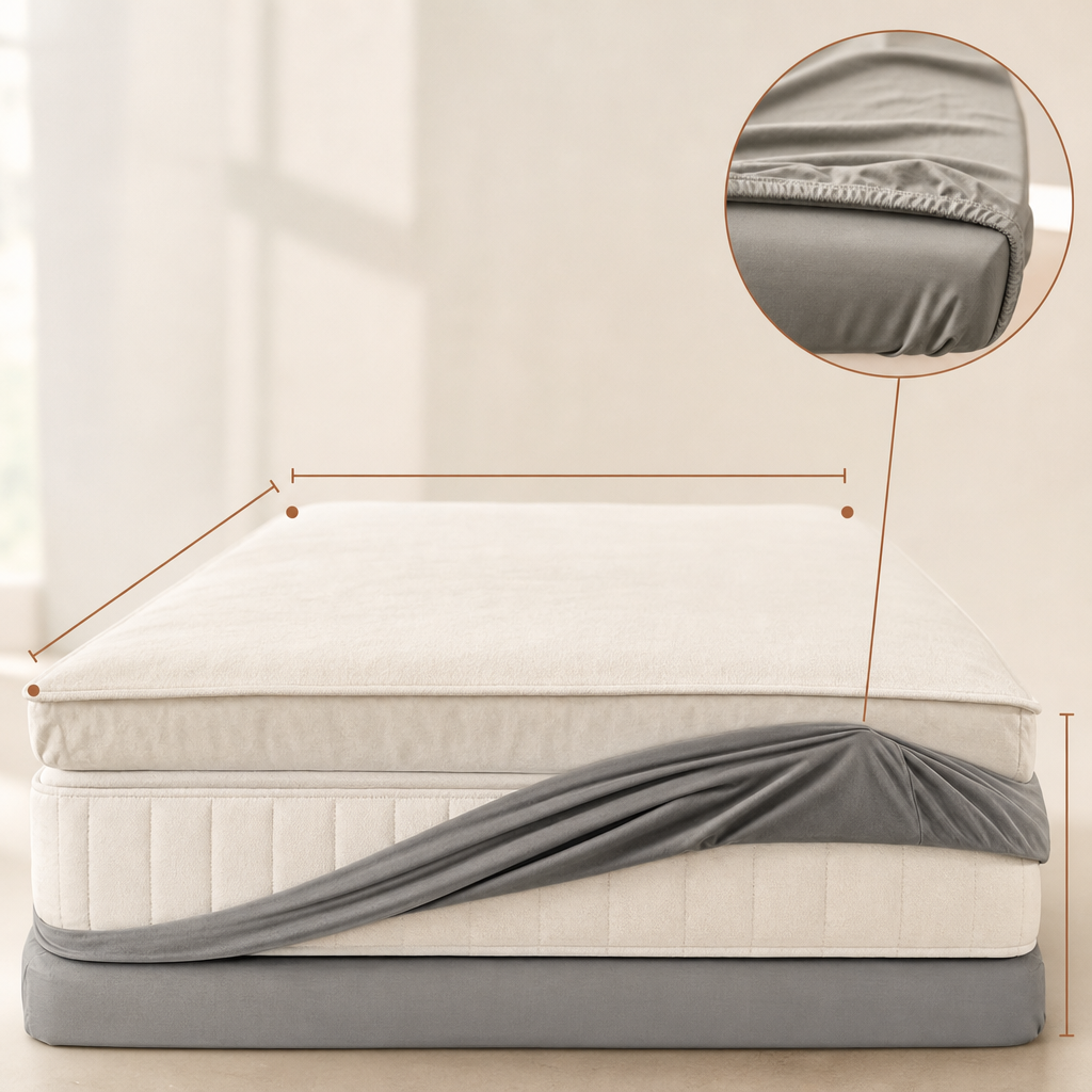 Mattress diagram showing length, width and depth measurements for a fitted sheet