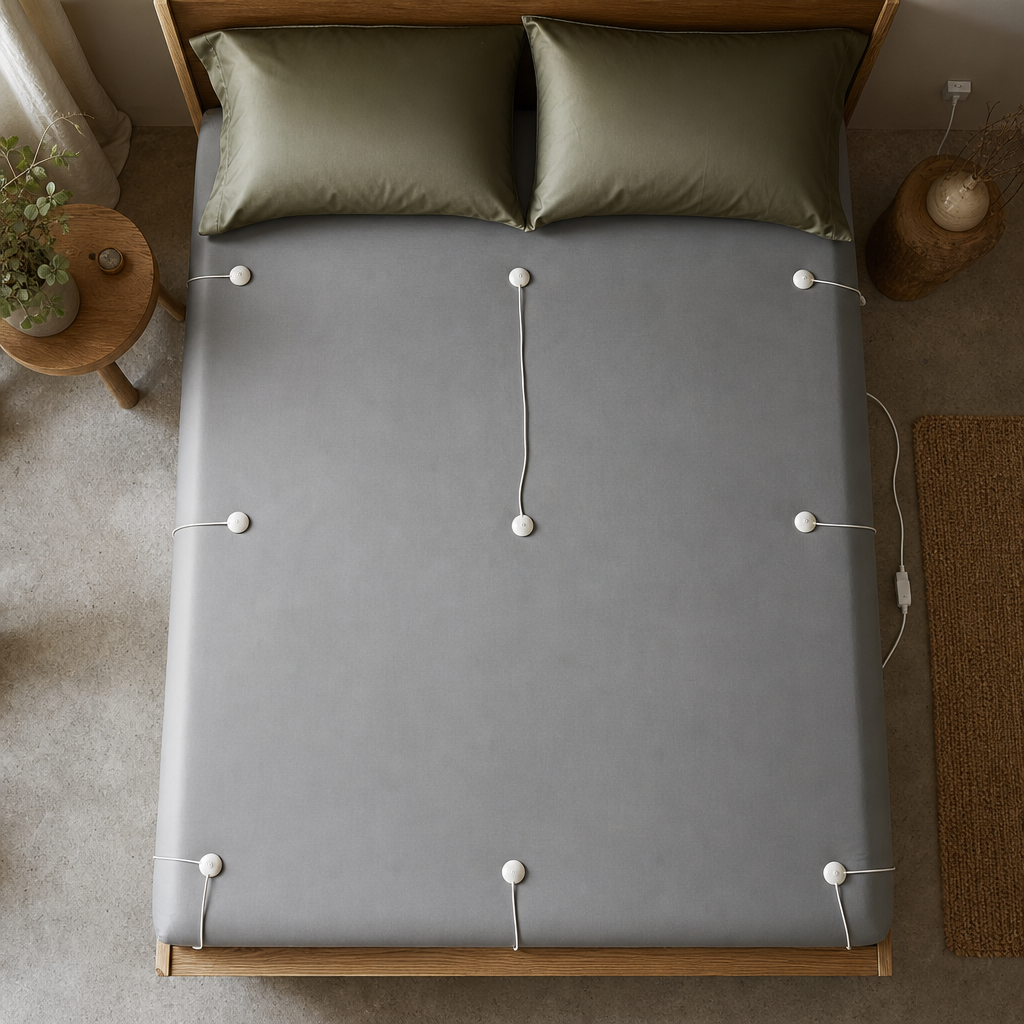 Top-down bed diagram with numbered tester pen test points across a grounding sheet