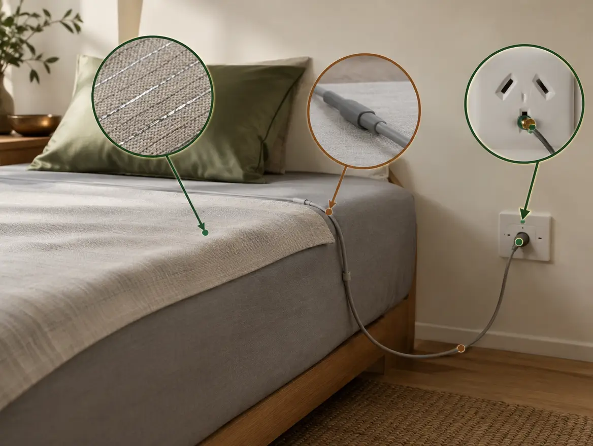 Diagram of a grounding sheet showing silver thread, cord and earth pin with certificate coverage labelled