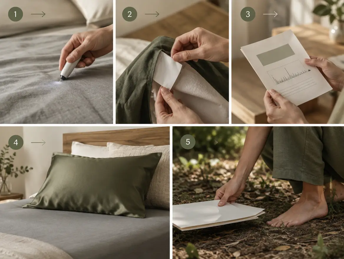 Five-step flow for checking a textile certificate number online and confirming its scope
