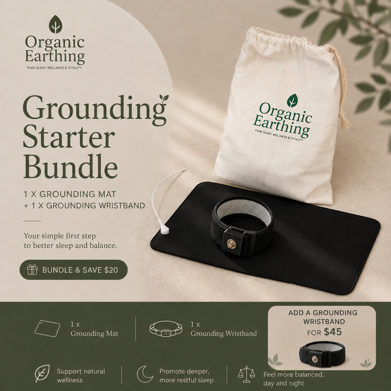 Organic Grounding Starter Bundle | Grounding Mat + Grounding Wristband grounding product for sleep, stress relief and recovery | Organic Earthing