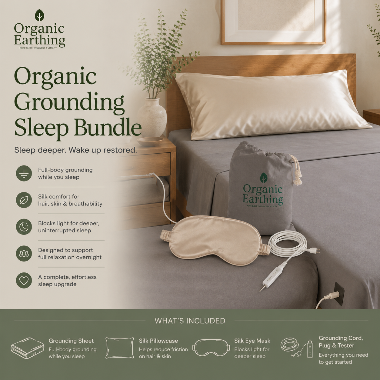 Organic Grounding Sleep Bundle for Better Sleep | Earthing Sheet + Silk Pillowcase & Eye Mask | Full Sleep Set