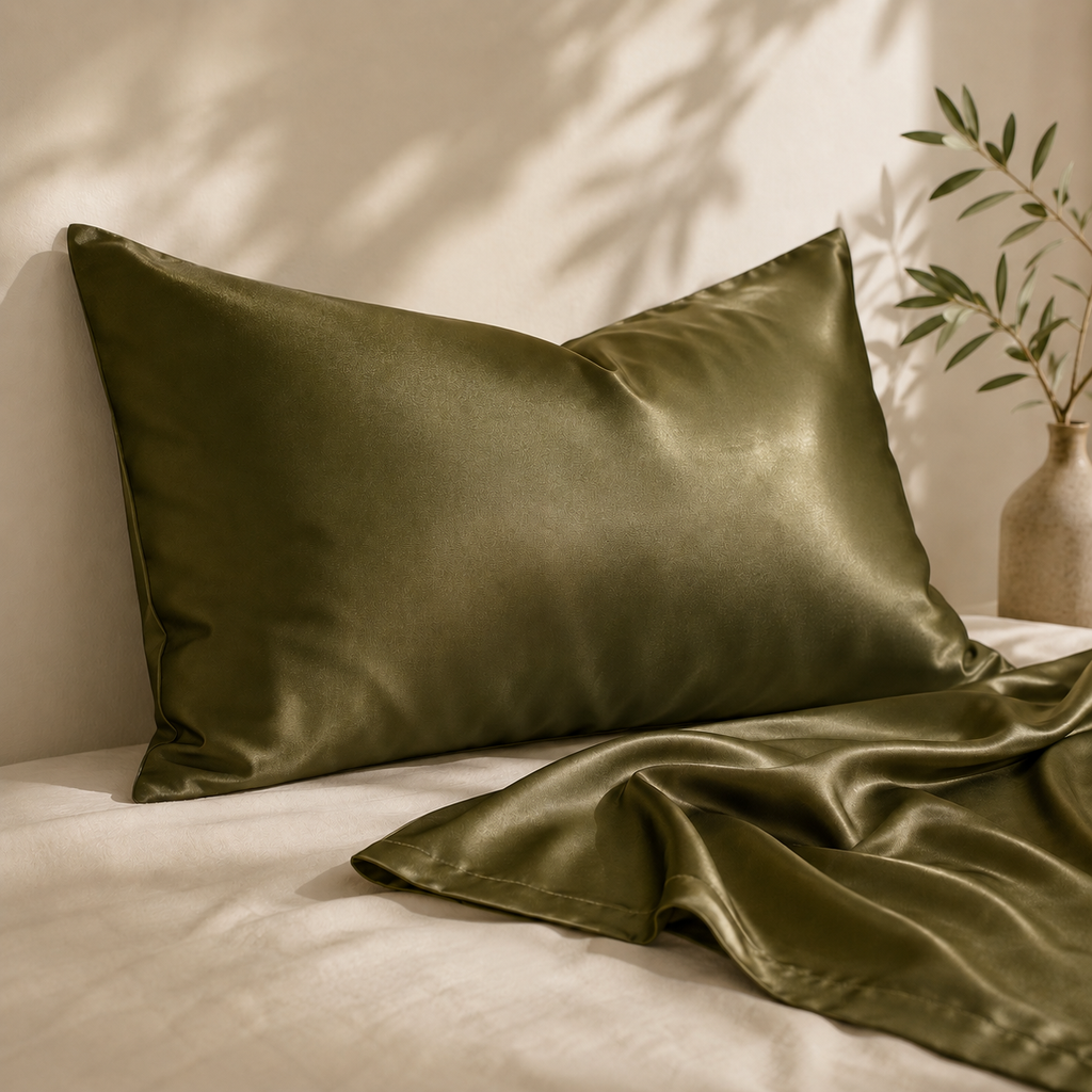 Organic Silk Pillowcase 100% Mulberry Silk (Olive Green) | Anti-Frizz Hair & Skin Care | Cooling Breathable