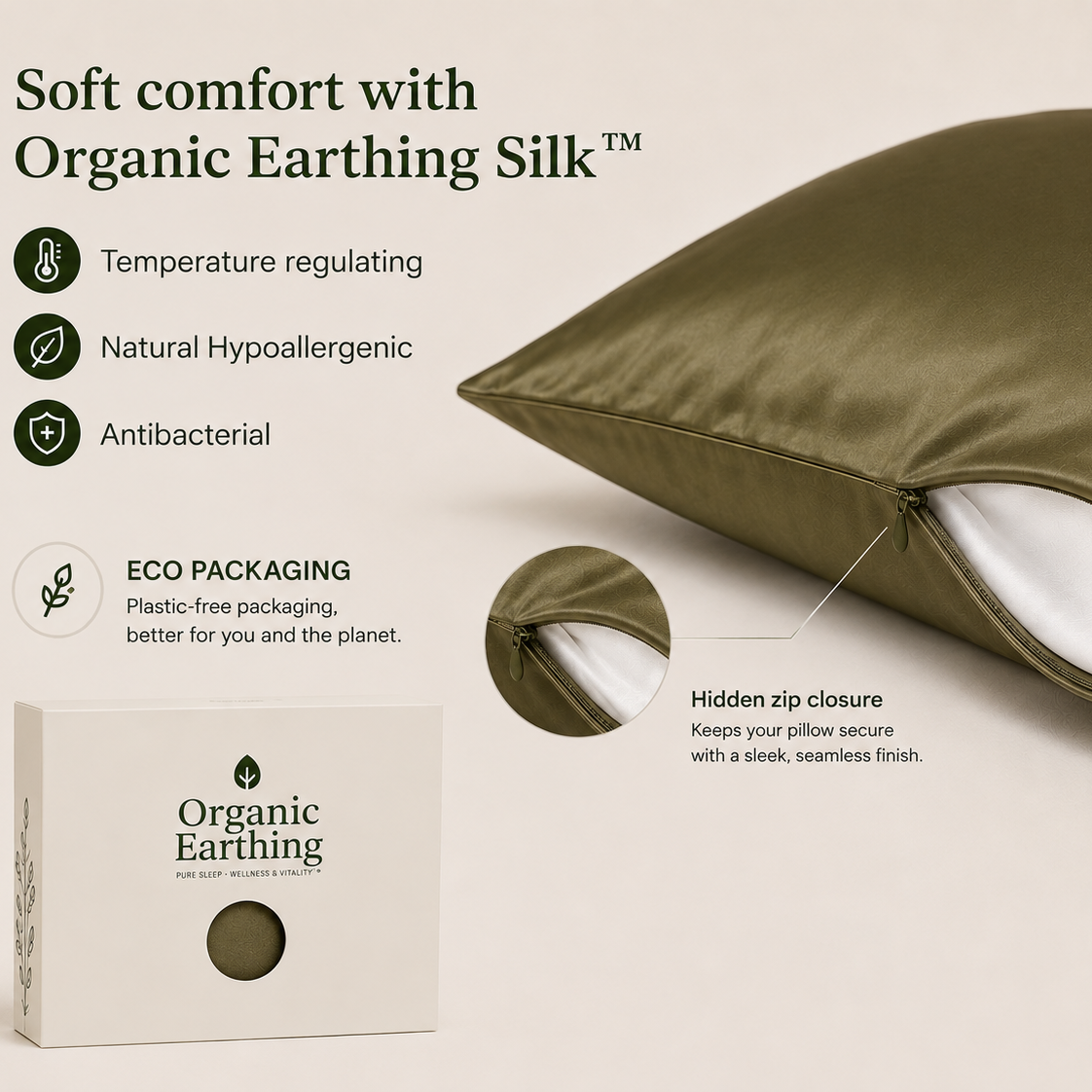 Organic Silk Pillowcase 100% Mulberry Silk (Olive Green) | Anti-Frizz Hair & Skin Care | Cooling Breathable