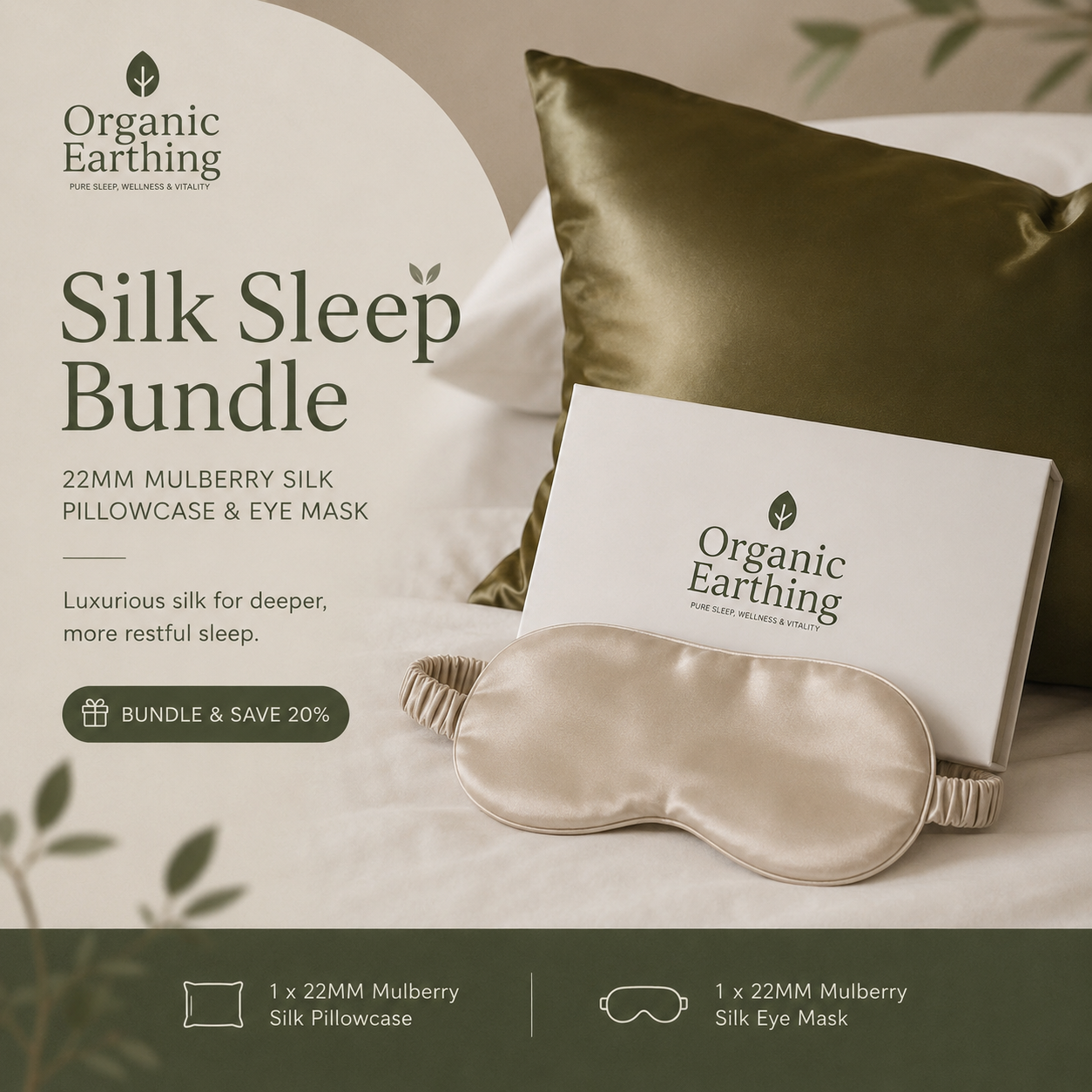Organic Silk Sleep Bundle | Silk Pillowcase & Silk Eye Mask | Luxury Sleep Set grounding product for sleep, stress relief and recovery | Organic Earthing