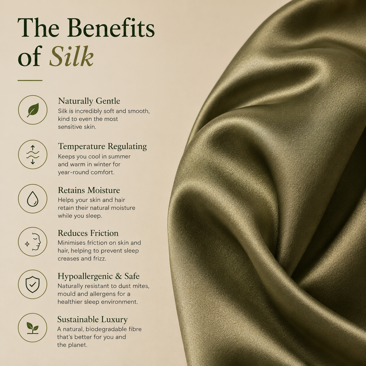 Organic Silk Pillowcase 100% Mulberry Silk (Olive Green) | Anti-Frizz Hair & Skin Care | Cooling Breathable